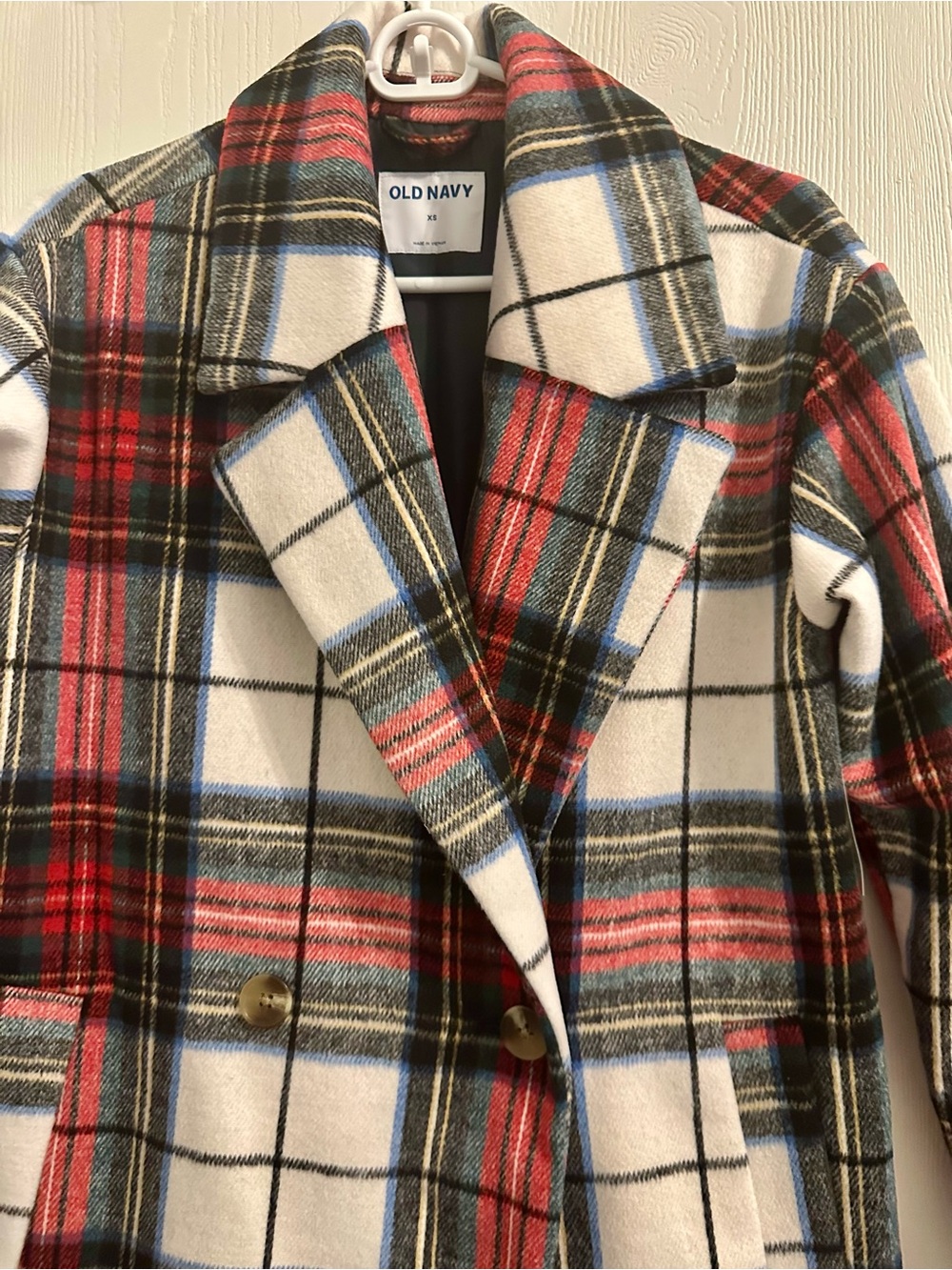Old Navy Women’s White Tartan Plaid Long Slouchy Double-Breasted Coat - Picture 7 of 9